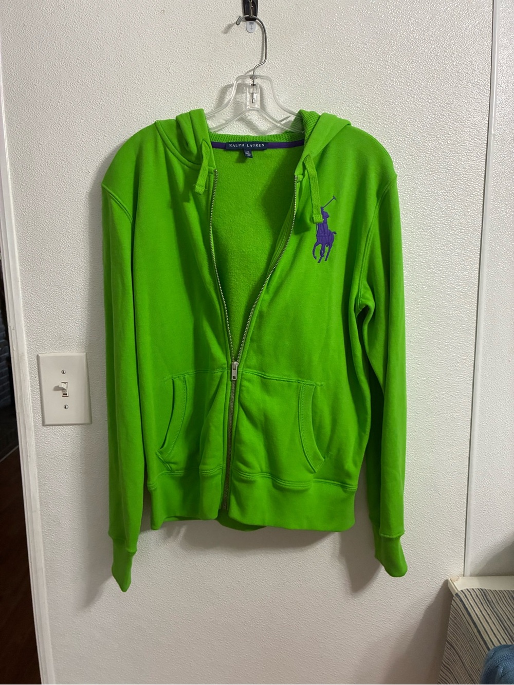Ralph Lauren Bright Green Zip-Up Hoodie with Purple Polo size L
